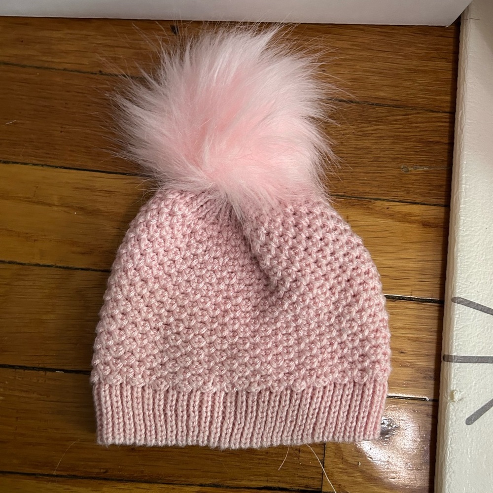 Pink Knit Beanie with Fluffy Pom Pom